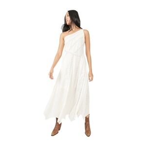 Free People White Bella Cotton One Shoulder Crochet Maxi Dress Pockets Sz Small